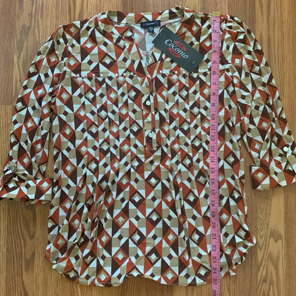 COCOMO Medium Brown Orange White 3/4 sleeve women's Pintuck Blouse top shirt - Picture 12 of 16